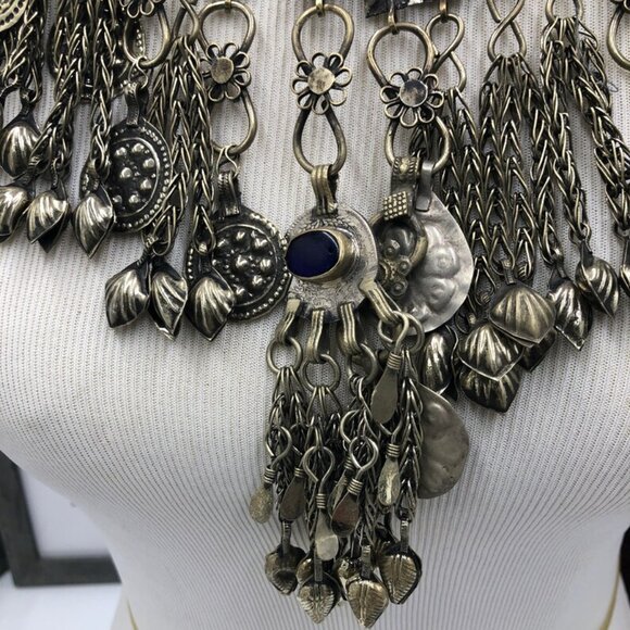 Silver Kuchi Dangling Tassels Oversized Necklace, Ethnic Handmade - Picture 5 of 5